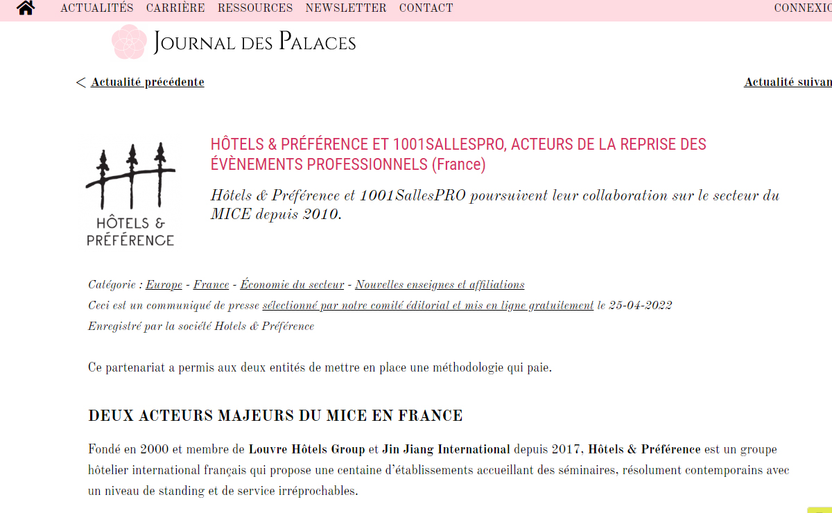 HÔTELS & PRÉFÉRENCE ET 1001SALLESPRO, ACTEURS DE LA REPRISE 